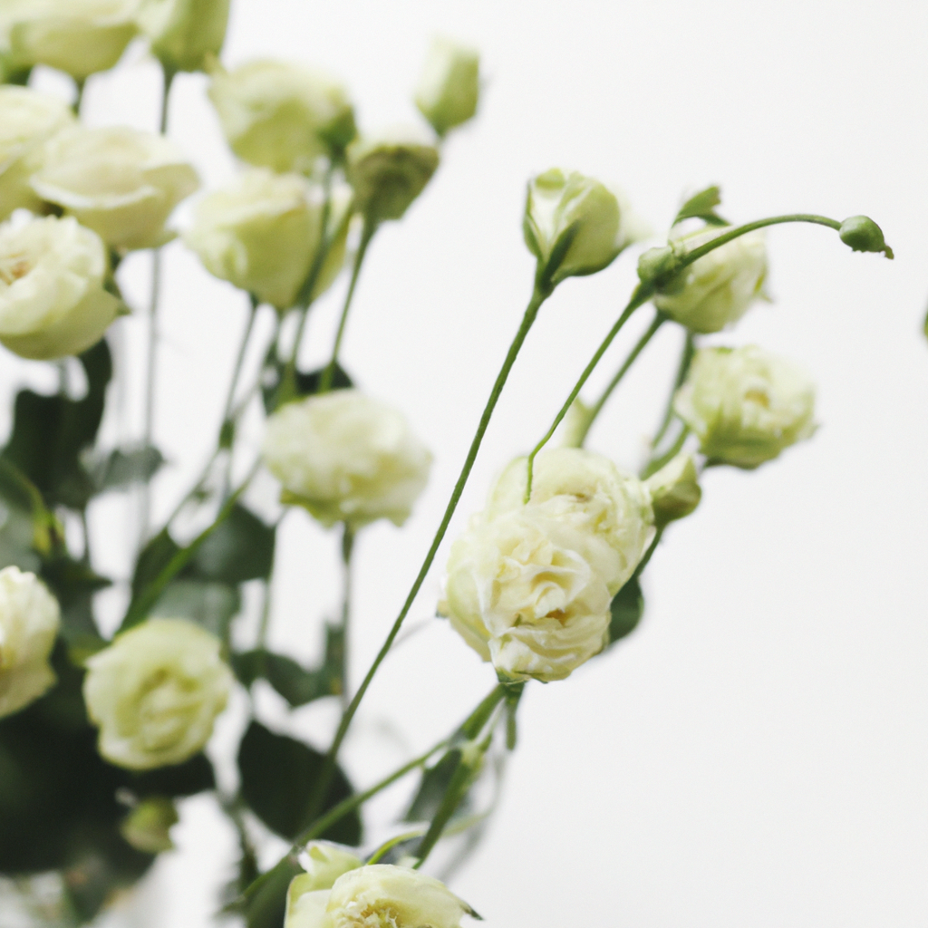 Atelier de floristique moderne: création d’un bouquet blanc et vert sur fond minimaliste.
